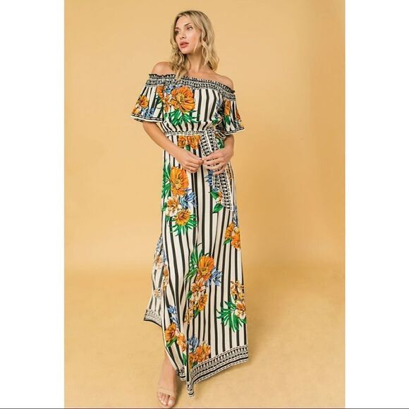 Flying tomato Stripe Floral Off Shoulder Maxi Dress - Picture 1 of 10